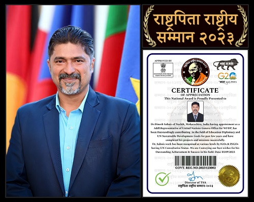 UN Addl.Representative- Dr.Dinesh Sabnis was honored with “Father of Nation National Honor 2023"