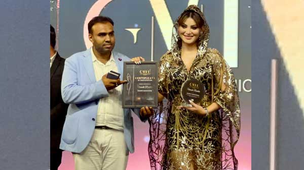 Dr. Thousif Pasha Presents Certificate of Participation to Urvashi Rautela at Global Media Fashion League