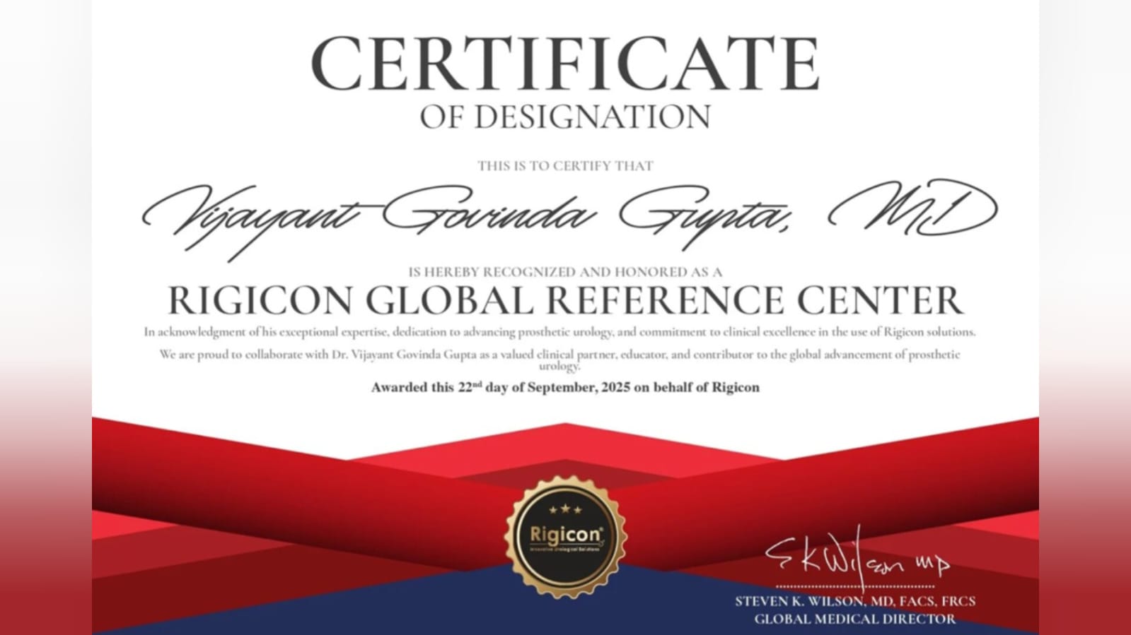 PIONEERING EXCELLENCE: Dr. Vijayant Govinda Gupta Becomes India’s First Ever Designated Rigicon® Global Reference Center