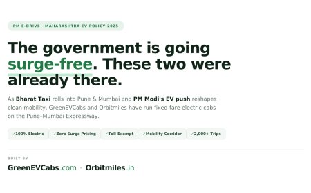 GreenEVCabs and OrbitMiles — Pune Mumbai EV Cabs Aligned With PM Modi’s Clean Mobility Push and Bharat Taxi App Vision
