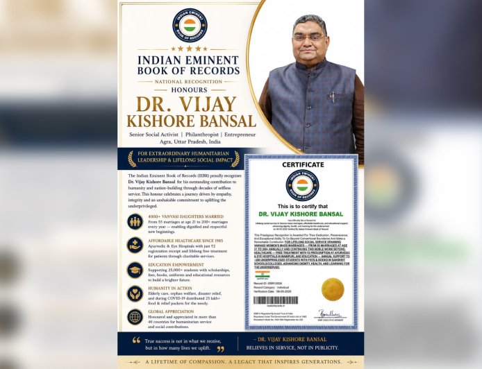Dr. Vijay Kishore Bansal Honoured by Indian Eminent Book of Records for Lifelong Humanitarian Service